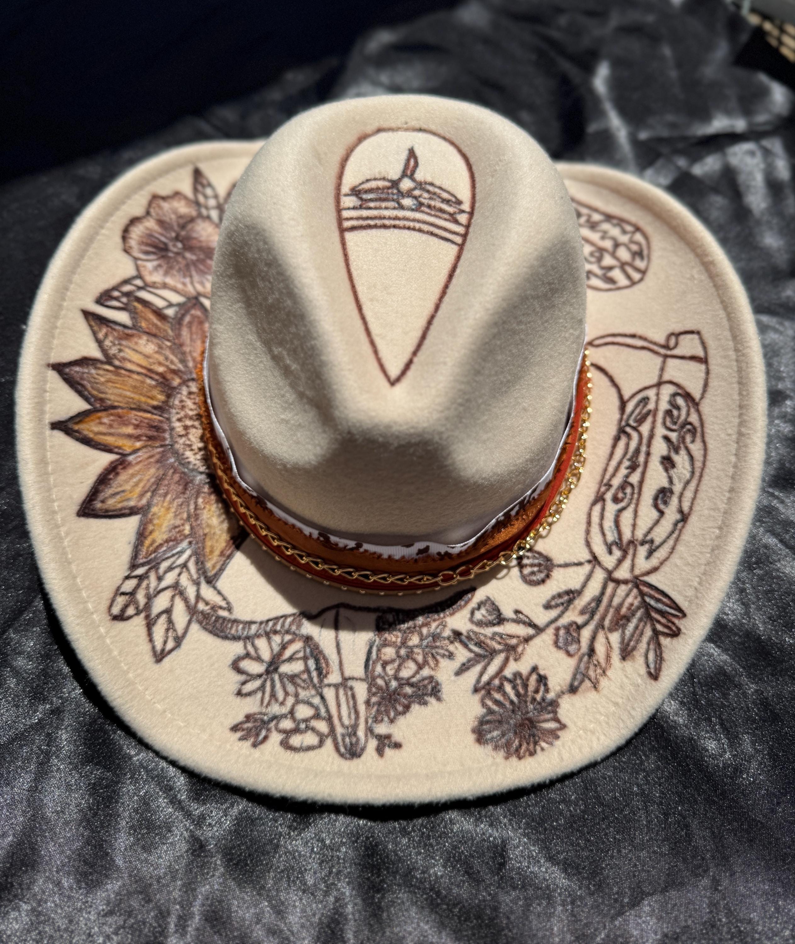 cowboy burned hat, Cowboy boot burned hat, Western Burned Hat,Western Hat,Burned hat,Western,Country,Cowboy hat, western cowboy hat
