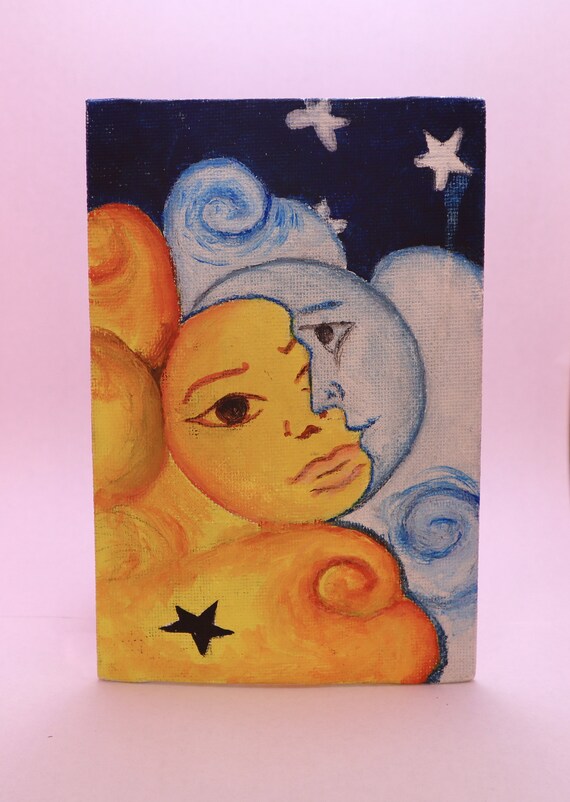 Small Half Sun Moon Painting Etsy