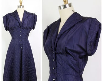 Vintage 1950's Navy Quilted Day Dress, Fit & Flare Dress with Circle Skirt, Rhinestone Buttons, Small