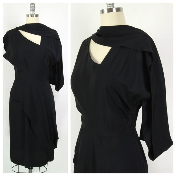 Vintage 1950's Adele Simpson Little Black Dress, Black Rayon Crepe Cocktail Dress, Weighted Swag, Size M