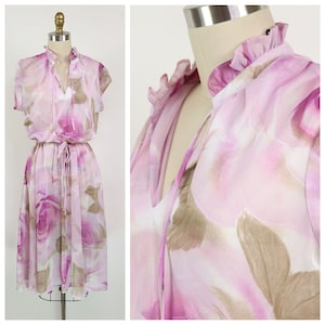Vintage 1970's Semi Sheer Floral Dress, Floral Print, Ruffle Neck, Front Tie, S-M, Summer Dress