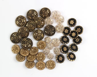 Vintage Black & Gold Glass Button Lot, Total of 40 Buttons, Czech Glass Buttons