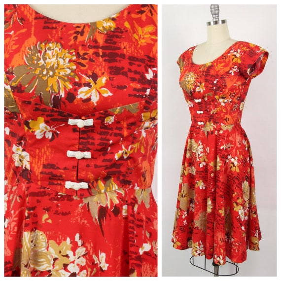Vintage 1950's Cotton Floral Print Dress, Fitted … - image 1