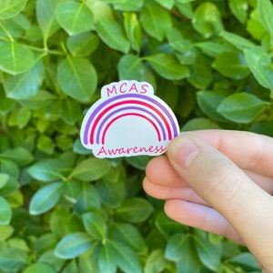 May include: A white sticker with a rainbow design in shades of purple and pink. The sticker says "MCAS Awareness" in red letters.