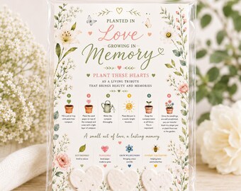Recuerdos en forma de corazón de papel con semillas, obsequios funerarios conmemorativos, homenaje floral silvestre para la celebración de la vida.