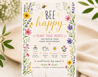 Corazones de papel plantables con semillas "Bee Happy", regalo ecológico de flores silvestres para amantes de las abejas.