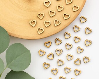 Confeti de madera rústica con forma de corazón hueco de 10 mm/1 cm, ideal para decorar mesas de bodas y fiestas, como adorno artesanal.