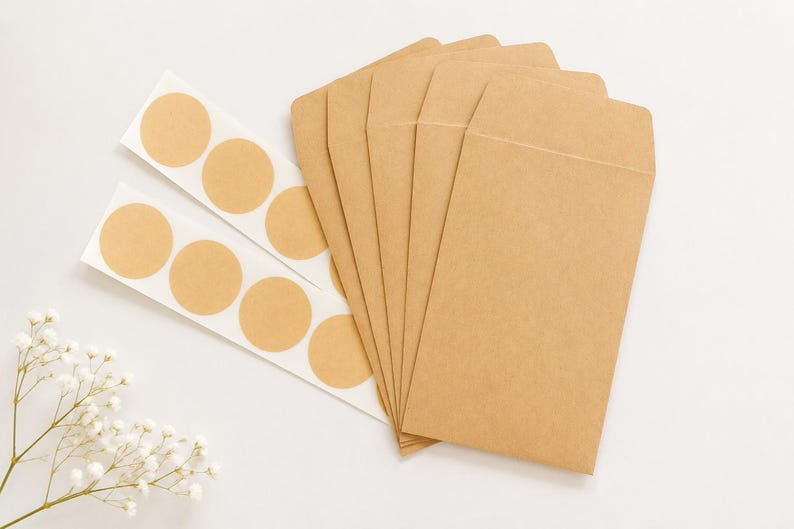 Puede incluir: Un conjunto de cinco sobres rectangulares de papel kraft de color marr&oacute;n claro dispuestos en forma de abanico, acompa&ntilde;ados por dos tiras de etiquetas adhesivas circulares del mismo color y una peque&ntilde;a rama de flores blancas.