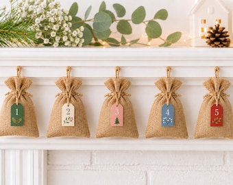 Bolsas de yute para calendario de adviento, kit de cuenta atrás navideña numerada