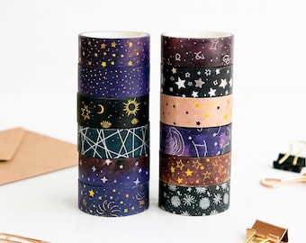 Cinta washi con diseño de estrellas, luna y espacio, ideal para diarios, álbumes de recortes y decoración de agendas.