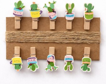 Pinzas para fotos con forma de cactus y cordel, mini pinzas de madera monísimas.