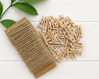 Mini pinzas de madera de 25 mm y cordel de yute para fotos, bodas, tarjetas colgantes y clips para manualidades.