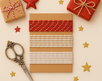 Colección navideña brillante Bakers Twine en rojo, dorado, plateado y blanco dorado para envolver regalos y manualidades.