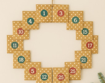 Kit para crear tu propio calendario de Adviento navideño: 24 bolsitas de papel kraft para dulces + pegatinas de cuenta atrás. Rellénalas con tus propios dulces y regalos.