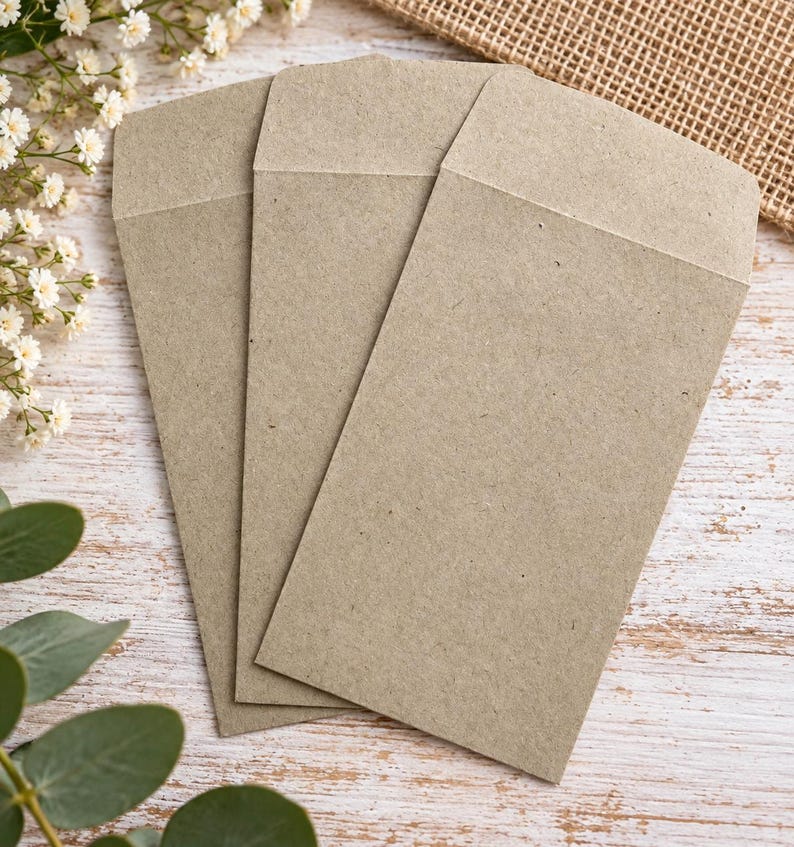 Może przedstawiać: Trzy prostokątne koperty wykonane z jasnobrązowego, teksturowanego papieru z recyklingu. Każda koperta ma spiczastą klapkę u g&oacute;ry i pionową orientację. Papier ma wł&oacute;knisty, nakrapiany wygląd charakterystyczny dla naturalnego materiału typu kraft.