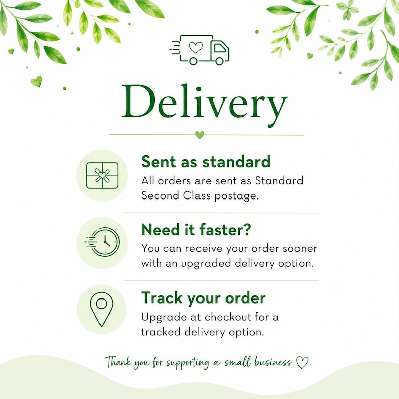 Puede incluir: Un gr&aacute;fico informativo con texto verde e ilustraciones de hojas. Incluye un icono de cami&oacute;n de reparto, una caja de regalo, un reloj y un pin de ubicaci&oacute;n. El texto incluye Delivery, Sent as standard, Need it faster? y Track your order.