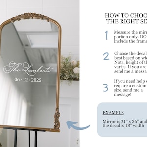 May include: A gold-framed mirror with an arched top, displaying the text "The Lamberts" and the date "06.12.2025" in white script. The mirror is propped on a black stand. Instructions on how to choose the right size are on the right.