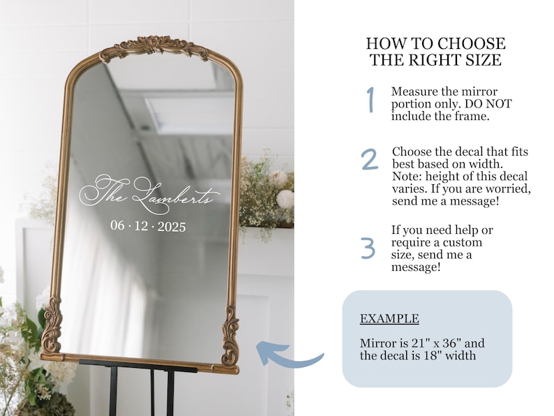 May include: A gold-framed mirror with an arched top, displaying the text "The Lamberts" and the date "06.12.2025" in white script. The mirror is propped on a black stand. Instructions on how to choose the right size are on the right.