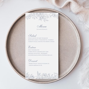 Blue Floral Wedding Menu Template: Printable Garden Design (4x8, Digital Download