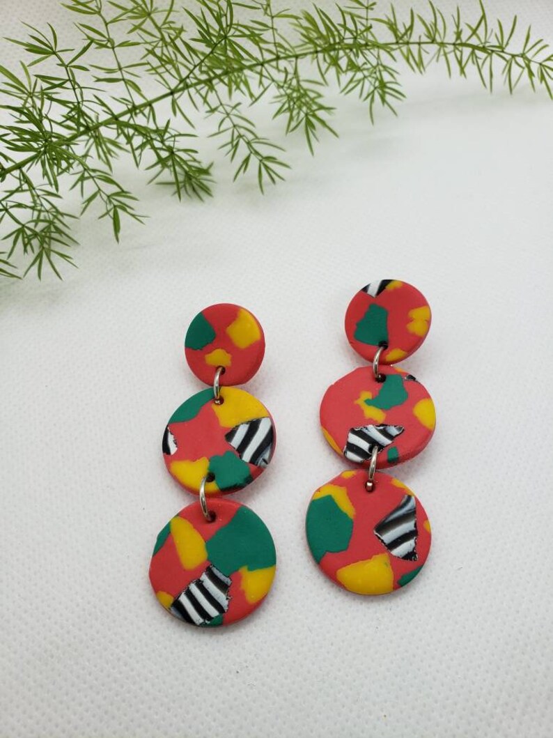 Circle dangling earrings bright colorful pattern 80/'s style mosaic pattern