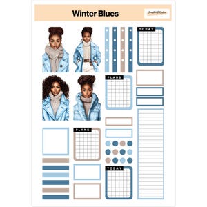 Pegatinas troqueladas con texto "Black Woman Winter Blues", pegatinas azules, pegatinas de planificador para mujeres afroamericanas
