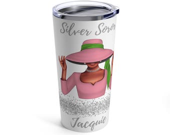 Bicchiere Silver Soror da 20 once, bicchiere personalizzato rosa e verde ispirato alla confraternita