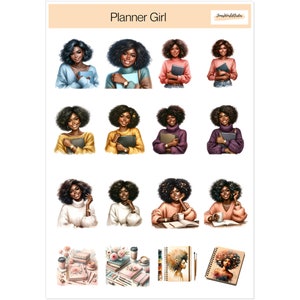 Set di adesivi donna nera, adesivi ragazza pianificatore, set pianificatore donna afro-americana, arte donna ragazza nera, magia ragazza nera, adesivo taglio bacio