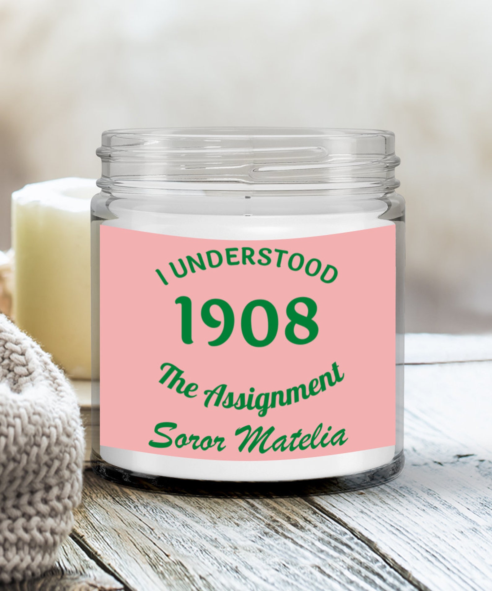 1908 Pink and Green Candle Personalized Soror Candle Gift for Probate