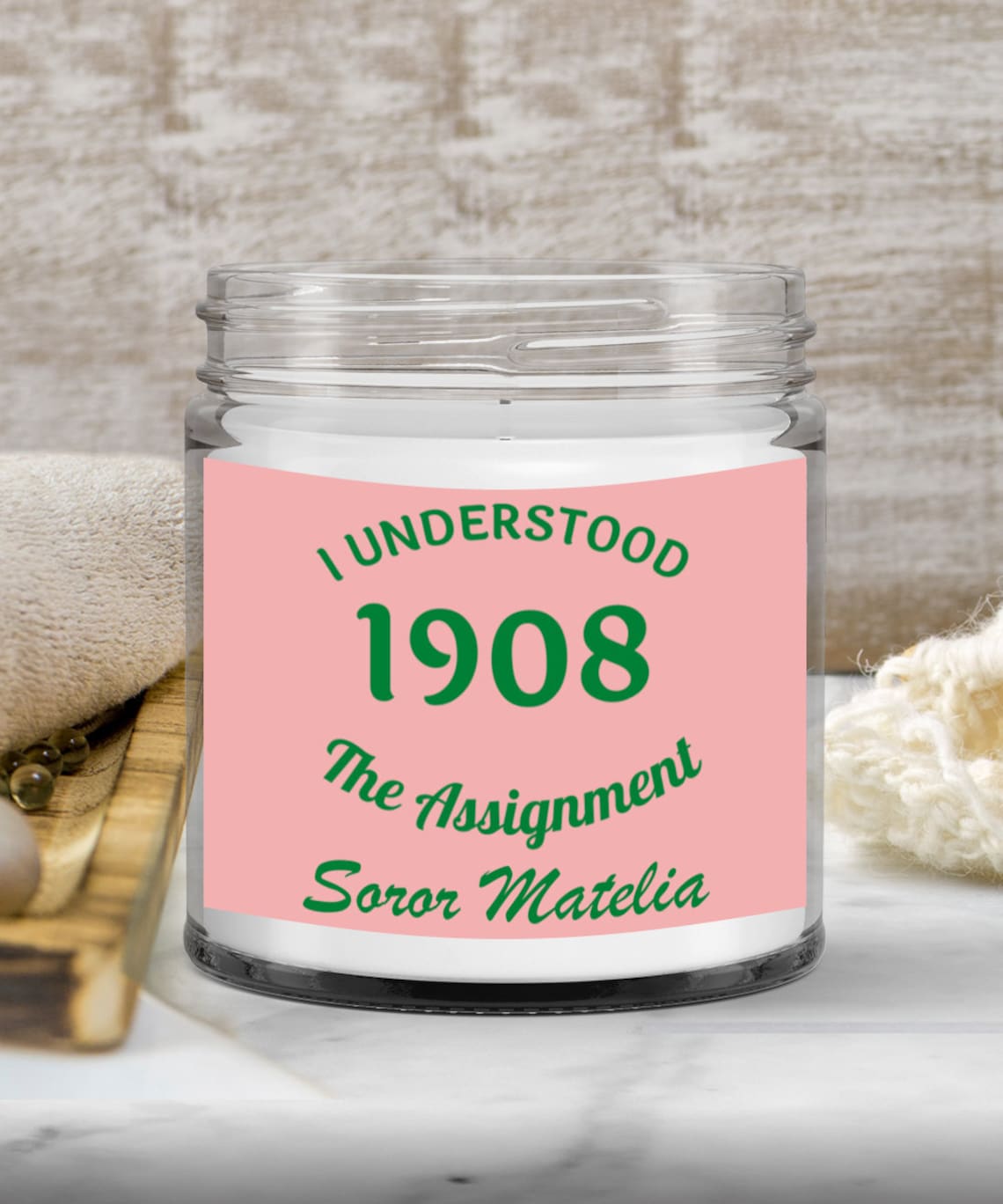 1908 Pink and Green Candle Personalized Soror Candle Gift for Probate