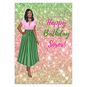 Happy Birthday Soror, Aka, Alpha Kappa Alpha Sorority Inspired Folded Cards, Pink And Green Glitter Birthday