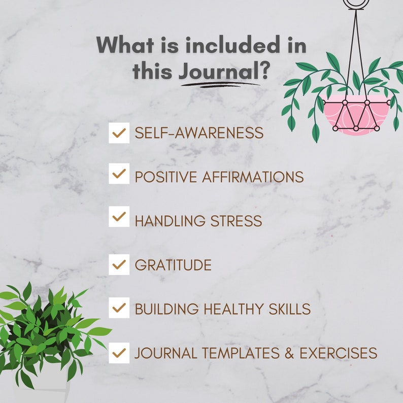 Op de afbeelding: Een witte achtergrond met bruine tekst die "What is included in this Journal?" luidt, met een vinkje naast elk van de volgende punten: Self-Awareness, Positive Affirmations, Handling Stress, Gratitude, Building Healthy Skills en Journal Templates & Exercises. Aan beide kanten van de tekst bevinden zich twee groene planten in hangende potten.