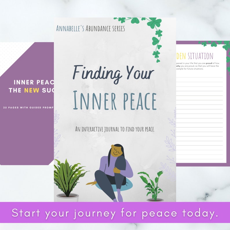 Op de afbeelding: Een journalomslag met een lichtgrijze achtergrond en een paarse rand. De omslag heeft een cartoonillustratie van een persoon die met gekruiste benen zit, een paarse shirt en een blauwe broek draagt. De tekst "Finding Your Inner Peace" staat in grote, vetgedrukte, zwarte letters. De tekst "An Interactive Journal to Find Your Peace." staat in kleinere, zwarte letters. De tekst "Start your journey for peace today." staat in grote, vetgedrukte, witte letters op een paarse achtergrond.