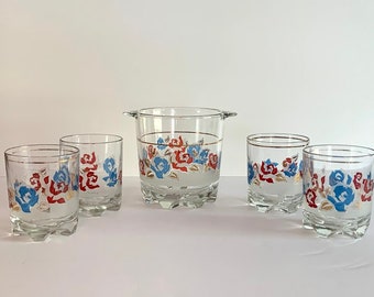 Vintage Italian Barware Ice Bucket and Rocks Glasses (Set of 5) in Blue, Red, Gold Floral Pattern, Frosted, by Decover, Circa 1950s-1960s