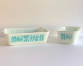 Vintage Pyrex Butterprint, Turquoise on White, Refrigerator Dishware, Set of 2 (No Lids), Circa 1957