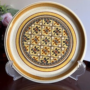 Vintage Mikasa Dinner Plate in Stone Manor Line, Macramé Pattern, Black, Cream, Tans, Light Browns, Circa 1976-1979