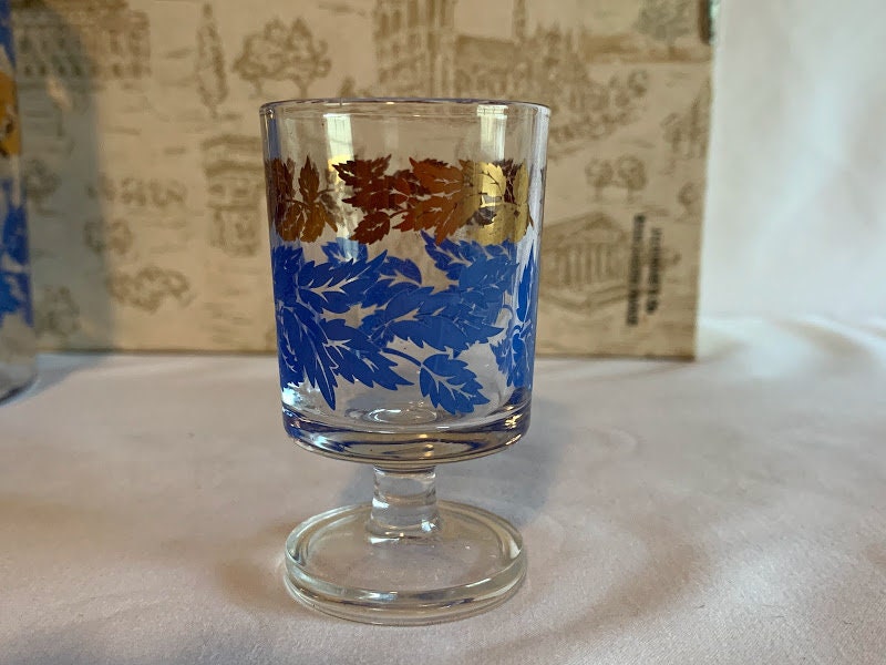 Luminarc Decanter and Glasses Set blue and Gold Leaves, Made in France Etsy