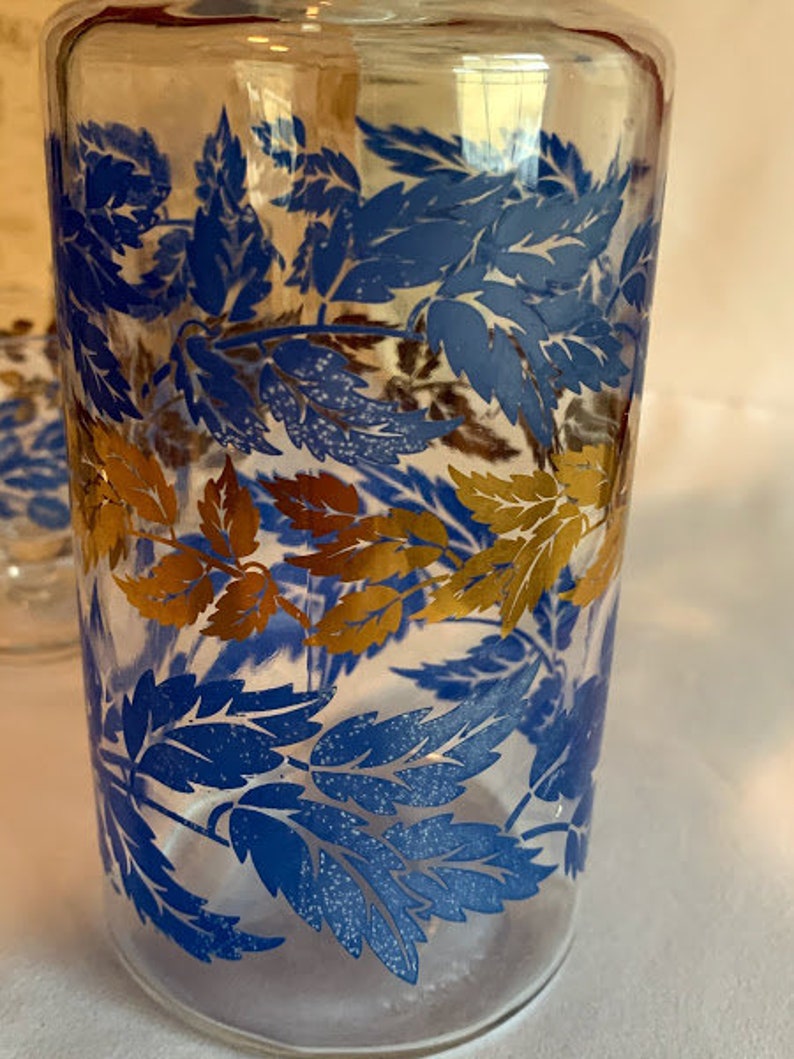 Luminarc Decanter and Glasses Set blue and Gold Leaves, Made in France Etsy