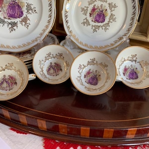 Price Reduced- Elegant Veritable Porcelaine (Genuine Porcelain, France) 4 Coupe Bowls, 4 Salad Plates, 4 Cups, Gold Gilding, Circa 1900s