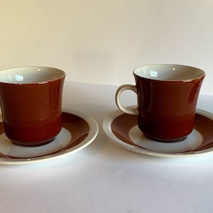 Vintage Mikasa Cera Stone Coffee Cups (2) and Saucers (2) in D 1850 Pattern, Brown and White, Circa 1970s