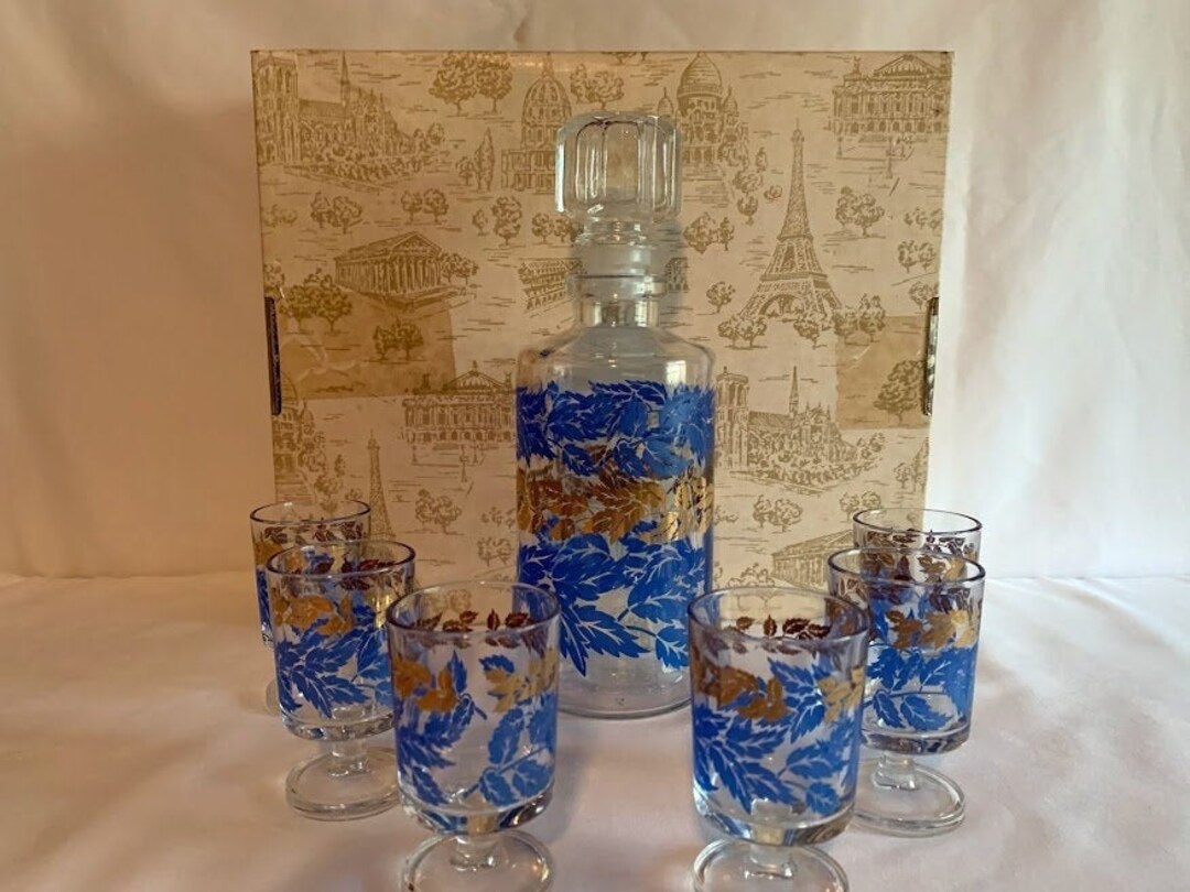 Luminarc Decanter and Glasses Set blue and Gold Leaves, Made in France Etsy