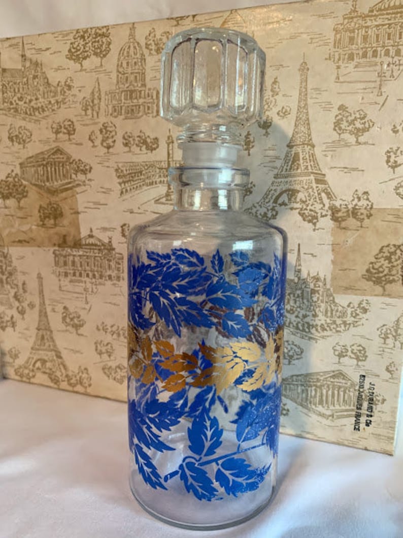 Luminarc Decanter and Glasses Set blue and Gold Leaves, Made in France Etsy