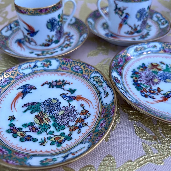 Vintage Famille Rose Canton Plates and Cups - Gold Gilt Rose medallion phoenix chrysanthemum and lotus butterflies