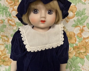 Beautiful Blonde & Navy Vintage Porcelain Doll