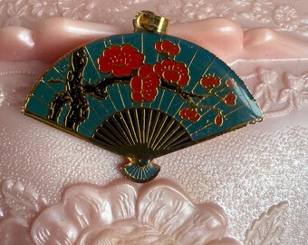 Enamel Fan Pendant Brooch, Vintage Japanese Design