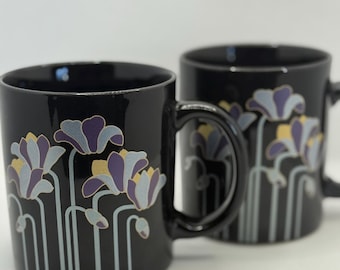 Vintage Floral Mugs, Set of 2, Japan-Made Black Art Deco Coffee Cups