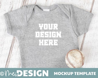 MOCKUP TEMPLATE-baby-toddler-grey onesie-Instant download-JPG-child-newborn mockup-baseball theme-white wood flat lay