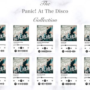 May include: A digital album cover mockup featuring the band Panic! At The Disco. The album cover is a white square with a black border and features a black and white image of the band's logo and the album title "Pray for the Wicked". The album cover is surrounded by a black and white Spotify-style player with a play button and a progress bar.