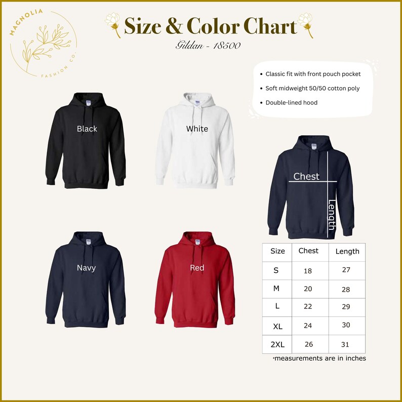 The image is a size and color chart for a hoodie, featuring three different styles: Black, White, and Navy. The chart provides measurements for each style, including chest size and length, as well as the color of the hoodie.