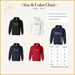 The image is a size and color chart for a hoodie, featuring three different styles: Black, White, and Navy. The chart provides measurements for each style, including chest size and length, as well as the color of the hoodie.