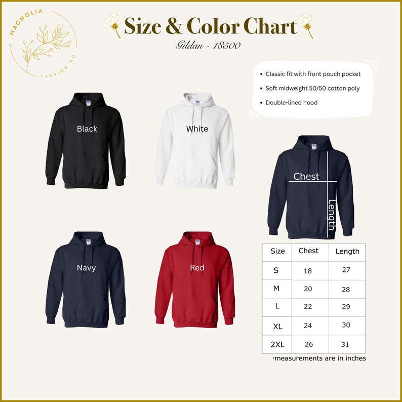 The image is a size and color chart for a hoodie, featuring three different styles: Black, White, and Navy. The chart provides measurements for each style, including chest size and length, as well as the color of the hoodie.